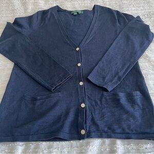 Lauren Ralph Lauren Silk Blend Blue V-Neck Long Sleeve Cardigan Sweater Small